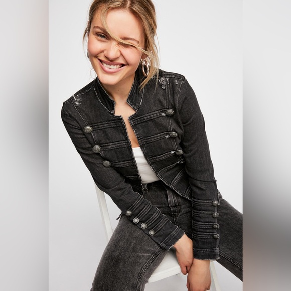 Free People Black Fitted Military Denim Jacket - Small - Picture 7 of 8